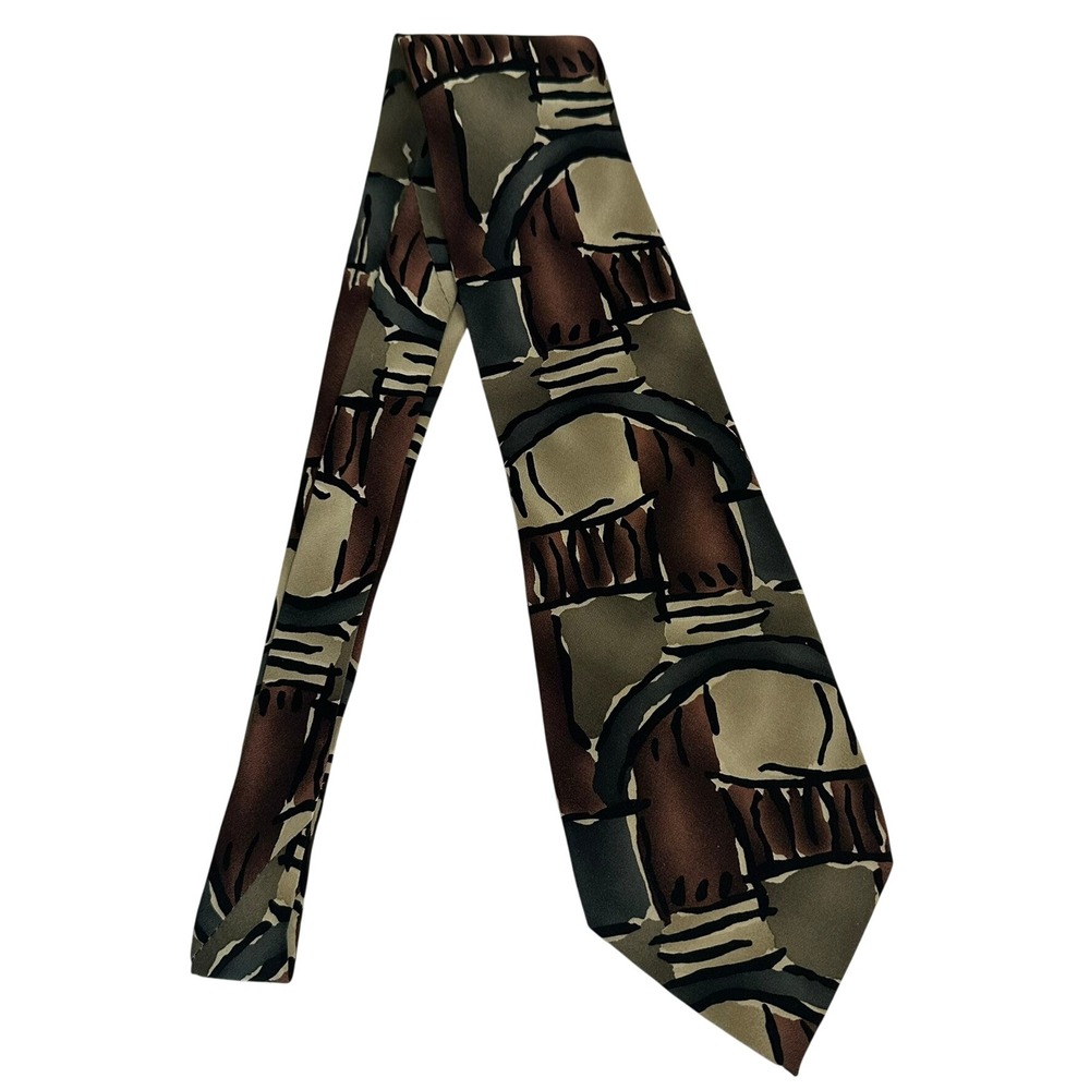 J Garcia Paris in the Rain Collection 15 Mens Silk Tie Brown Olive Abstract 1996